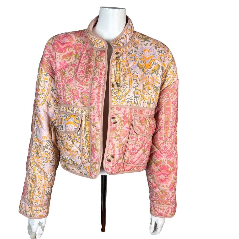 7 For All Mankind Floral Quilted Jacket Medium Cotton Cottagecore Pink Patchwork